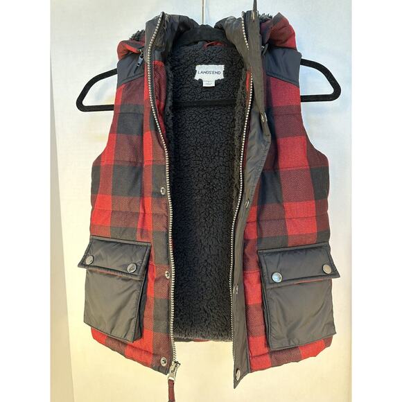 LANDS' END UNISEX READ PLAID VEST W/HOODY SHERPA LINED Size Small PERFECT! - Picture 3 of 16